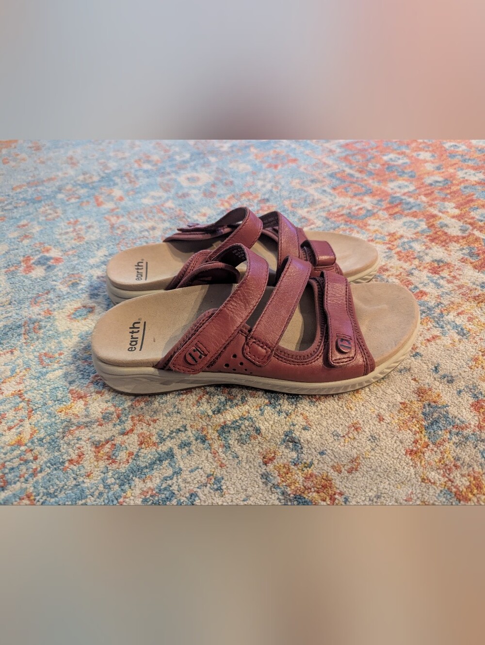 Earth Mira Loures Women’s 8.5M Bordeaux Red Leather Slip On 3 Strap Sandals - Picture 3 of 7